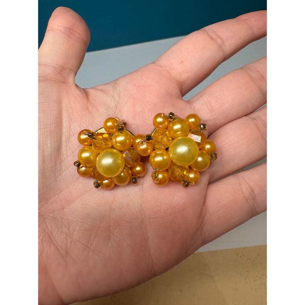 Vintage Hong Kong Yellow Faux Pearl Honey Warm Bead Cluster Clip On Earrings